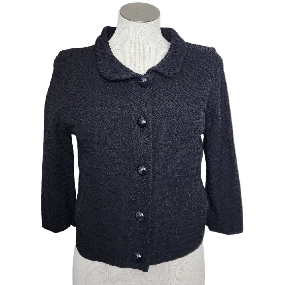 Black Knit Textured Cropped Button Down Quarter Sleeve Women's Jacket Size S